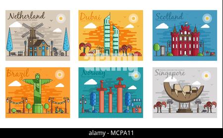 Satz von verschiedenen Städten für Reiseziele. Wahrzeichen banner Vorlage von Flyer, Zeitschriften, Plakate, Cover, Banner. Layout Arbeitsplatz Technologie flachbild Illustrationen moderne Seiten Stock Vektor
