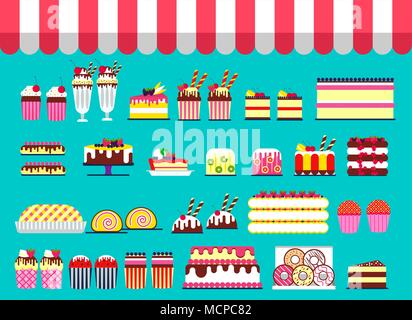 Kuchen stehen im shop Abbildung. Vektor süße für Party Hintergrund. Essen Symbol auf alles Gute zum Geburtstag oder Hochzeit. Vektor Collection Stock Vektor