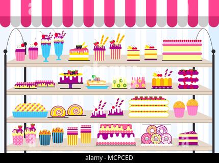 Kuchen stehen im shop Abbildung. Vektor süße für Party Hintergrund. Essen Symbol auf alles Gute zum Geburtstag oder Hochzeit. Vektor Collection Stock Vektor