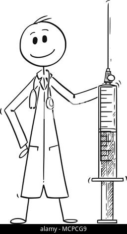 Cartoon von Arzt halten große Spritze Stock Vektor