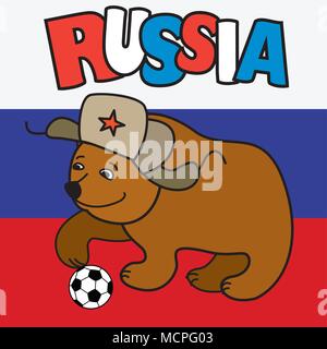 Cartoon Bär mit Fußball das Tragen eines russischen Hut Ohrenschützern, russische Flagge auf Hintergrund, Vektor Stock Vektor