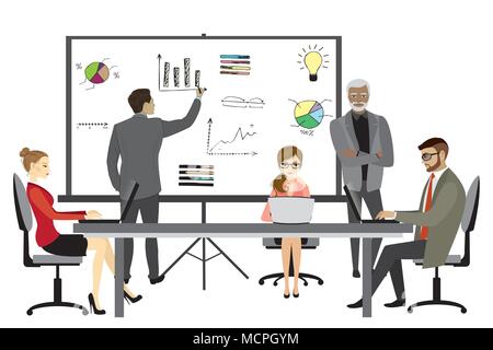 Menschen, die auf dem Computer Flat Style Cartoon, Präsentation oder Teamarbeit Illustration, hand gezeichnete Geschäft Elemente und Zeichen, Vektor Stock Vektor