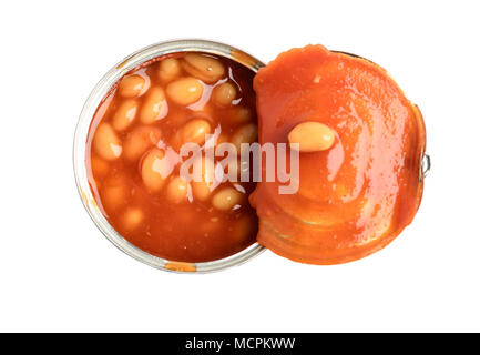 Blick von oben auf die Tomatensauce Bohnen aus der Dose in Metalldose Stockfoto