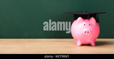 Close-up ein Sparschwein mit Skalenhaube Vor grüne Tafel Stockfoto