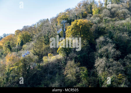 Herbstbäume im Wald am Masson Hill, die die Seilbahnen auf den Höhen von Abraham, Matlock Bath, Derbyshire, England, in den Schatten stellen Stockfoto