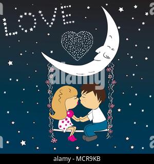 Liebe Paar in der Nacht auf einer Schaukel sitzend mit dem Mond verbunden. Modernes Design stilvolle Abbildung. Retro Flachbild vector Hintergrund. Valentines Tag Karte. Stock Vektor