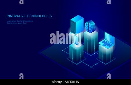 Isometrische künstliche Intelligenz Business Konzept. Blau leuchtende Isometrische persönliche Daten Verbindung pc Smartphone menschliche Gehirn Technik der Zukunft. 3D-infografik Vector Illustration Stock Vektor