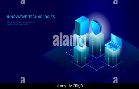 Isometrische Internet Security Shield Geschäftskonzept. Blau leuchtende Isometrische persönliche Daten Verbindung pc smartphone Technik der Zukunft. 3D-infografik Vector Illustration Stock Vektor