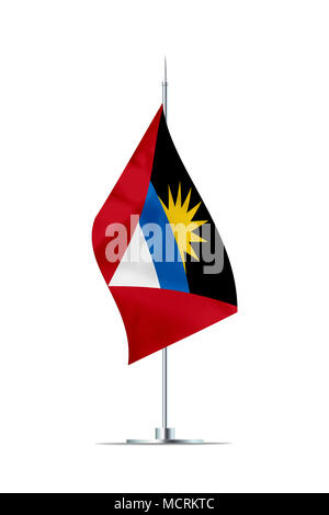 Kleine Antigua Barbuda Flagge auf einer metallenen Stange. Die Flagge hat schön detaillierte Textil Textur. Auf weissem Hintergrund. 3D-Rendering. Stockfoto