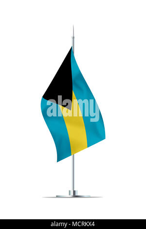 Kleine Bahamas Flagge auf einer metallenen Stange. Die Flagge hat schön detaillierte Textil Textur. Auf weissem Hintergrund. 3D-Rendering. Stockfoto