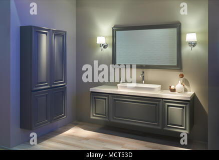 Innenraum der modernen Bad mit weißen top Waschbecken, großem Spiegel, zwei elektrische Lampen und Möbel. Stockfoto