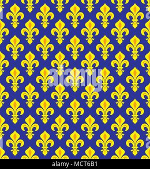 Royal heraldische Lilien (Fleur-de-lis) - dunkel blau gelb/violett Velvet, nahtlose Muster, Hintergrund. Stock Vektor