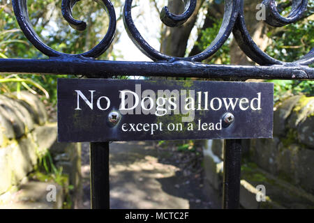Keine Hunde erlaubt Zeichen auf einem reich verzierten schmiedeeisernen Tor - Johannes Gollop Stockfoto