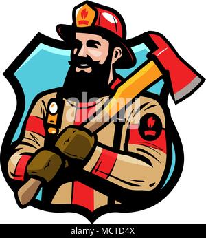 Feuerwehr Logo oder Label. Feuerwehrmann, Feuerwehrmann in Helm hält eine Axt in den Händen. Cartoon Vektor Stock Vektor