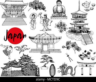 Satz von Hand gezeichnete Skizze stil Japanische thematische Objekte auf weißem Hintergrund. Vector Illustration. Stock Vektor