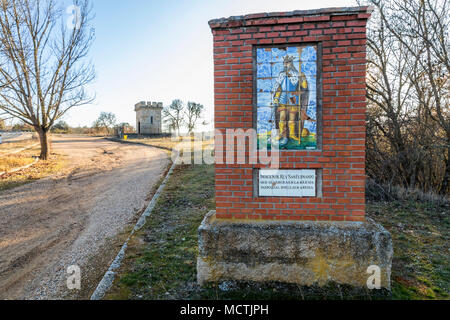 Peleas de Arriba, Spanien. Bemalte Fliesen, König Ferdinand III. von Kastilien, der Saint, nahe seinem Geburtsort im ehemaligen Kloster von Valparaiso Stockfoto