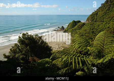 Ein Blick von der Küstenstraße auf West Neuseelands Küste nördlich von Greymouth, bewertet als eine der zehn landschaftlich schöne Strecken in der Welt. Stockfoto