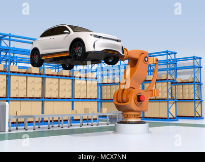 Orange heavyweight Roboterarm mit weißen SUV in der Assembly Factory. 3D-Bild. Stockfoto