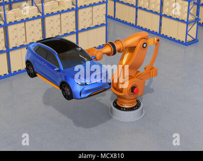 Orange heavyweight Roboterarm mit blau-SUV in der Assembly Factory. 3D-Bild. Stockfoto