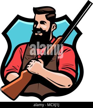 Jäger hält Schrotflinte in der Hand. Gun Shop, Jagd, Jagd Konzept. Cartoon Vektor Stock Vektor