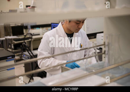 Yoshito Oshiro, 18 Luft- und Raumfahrtmedizin Squadron vorbeugende Medizin Flug Labordienstleistungen Chemiker, reinigt Laborgeräte März 8, 2018, bei Kadena Air Base, Japan. Die Labortests viele Elemente in der Umgebung von Okinawa, Japan, wie Wasser, Öl und Boden gefunden. (U.S. Air Force Foto von älteren Flieger Jessica H. Smith) Stockfoto