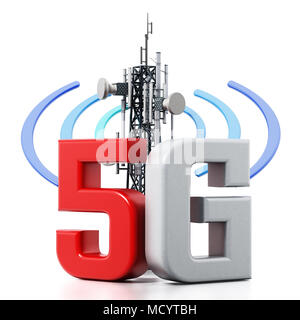 5 G Text und Telekommunikation Turm mit Wave-Symbole. 3D-Darstellung. Stockfoto