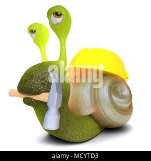 3D-Render eines lustigen Cartoon Schnecke bug Charakter trägt einen Schutzhelm und halten ein Hammer Stockfoto