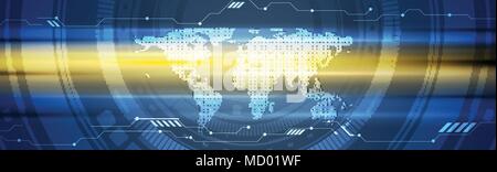 Abstrakte Technologie leuchtende blaue und orange Web header Design. Vector Hintergrund Vorlage mit gepunkteten Weltkarte, Getriebe und Schaltung. Banner illus Stock Vektor