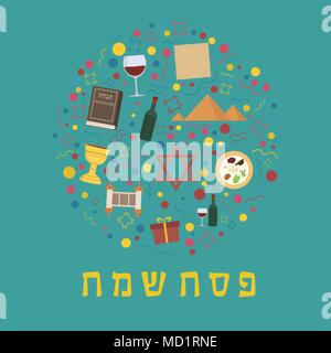 Ostern Ferienwohnung Design Icons in runder Form mit Text in Hebräisch "Pessach Sameach" bedeutet "Happy Ostern' gesetzt. Stock Vektor