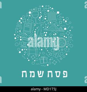 Ostern Ferienwohnung Design weiß dünne Linie Symbole in runder Form mit Text in Hebräisch "Pessach Sameach" bedeutet "Happy Ostern' gesetzt. Stock Vektor