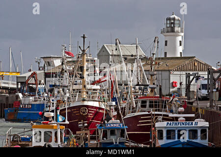 Eine Vielzahl der Schiffe im Hafen in der Nähe von Scarborough Leuchtturm festgemacht, neben der Fisch verarbeitenden Bereich auf West Pier im Hafen Stockfoto