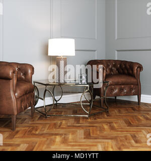 Leder vintage Möbeln im klassischen Interieur mit Parkett 3D-Rendering Stockfoto