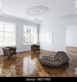 Leder vintage Möbeln im klassischen Interieur mit Parkett 3D-Rendering Stockfoto