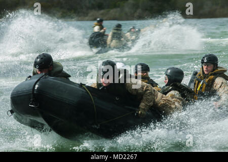 Us-Marines mit II Marine Expeditionary Force und Marine Raider Regiment betreiben eine Bekämpfung Gummi Streifzüge Handwerk während der Steuermann Kurs in Camp Lejeune, N.C., 7. März 2018. Die Marines durchgeführt Neben Bohrer als Teil ihrer Steuermann Qualifikationen Kurs die Fähigkeit von Fahrwerk und Personal vom Schiff mit einem Crrc während eines taktischen Szenario zu Schiff besser zu stellen. Einheiten, die an der Schulung nahmen inbegriffen Expeditionary Operations Training Gruppe, 8. Unterstützung der Techniker Bataillon und 2 Air Naval Geschützfeuer Liaison Unternehmen. (U.S. Marine Corps Foto von Lance Cpl. Leynard Kyle P Stockfoto