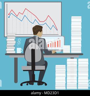 Business Mann, Schreibtisch, Büro Arbeitsplatz Laptop, harte Arbeit, Zurück, Ansicht von hinten, cartoon Flachbild Vector Illustration Stock Vektor