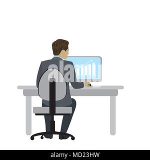 Geschäftsmann oder im Büro am Schreibtisch sitzen und arbeiten am Computer, Ansicht von hinten. Arbeitsplatz. Cartoon vektor Illustration. Stock Vektor