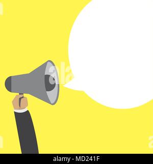 Flaches Design Abbildung der menschlichen Hand Megaphon mit Bubble rede Vorlage auf gelben Hintergrund, cartoon Vector Illustration Stock Vektor