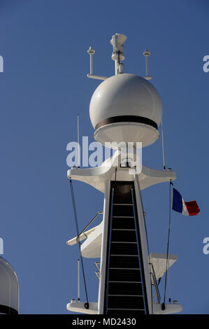 Yachten und SUPERYACHTEN ANTENNENMAST - SATELLITEN KUPPELN - BOOTE RADAR - GPS-Navigation - NAVIGATIONSSYSTEM - YACHTEN CANNES FRANKREICH © F. BEAUMONT Stockfoto