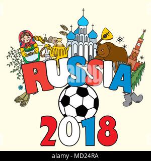 Russland 2018. Russische Symbole, Reisen, Russland, Russische Traditionen und Ball. Vector Illustration. Stock Vektor