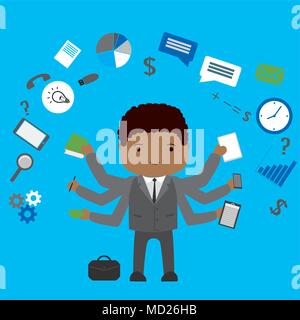 Multitasking afrikanische amerikanische Geschäftsmann oder Büroangestellter. Geschäftsmann Shiva mit verschiedenen Objekten und Anwendung, Vector Illustration Stock Vektor
