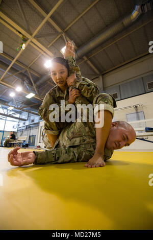 Us-Armee SPC. Danika Nolan, führt einen armlock auf Staff Sgt. Heriberto Nieves, während eine gemeinsame taktische Combatives Course, auf chièvres Air Base, Belgien, 9. März 2018. Nolan und Nieves sind mit der US-Armee Netzwerk Enterprise Center Belgien, 39 strategisches Signal Battalion. (U.S. Armee Foto von visuellen Informationen Spezialist Pierre-Etienne Courtejoie) Stockfoto