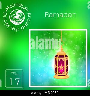 Kalender. Urlaub rund um die Welt. Ereignis des Tages. Grüne blur Hintergrund - Name, Datum, Abbildung. Für Zeitschriften, pädagogisch. Ramadan Kareem. Stock Vektor
