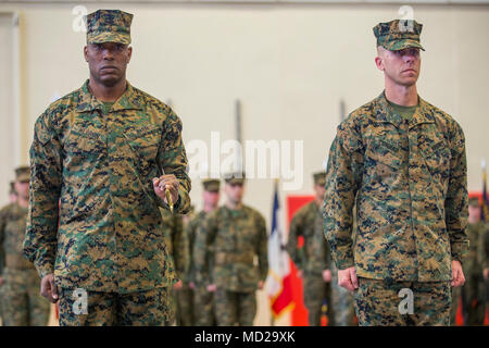 Sgt. Maj. Edward L. Hebron jr. und Sgt. Maj. Matthew A. Conrad stand auf Aufmerksamkeit während eines Post- und Überdruckventil Zeremonie an Bord der Marine Corps Air Station Beaufort, März 8. Während der Zeremonie, Hebron war als Standort und Hauptsitz Squadron Sergeant Major von Conrad entlastet. Nach der von H&HS freistehendes, Hebron war die Meritorious Service Medal für herausragende Führung des Geschwaders ausgezeichnet. (U.S. Marine Corps Foto von Lance Cpl. Erin R. Ramsay/Freigegeben) Stockfoto