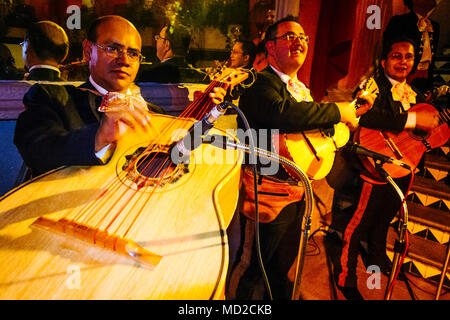 Eine Mariachi Band spielt die Mexikanische guitarrón (grosse Mexikanische Gitarre) im fokolar Restaurant 1953 auf dem Gelände einer alten traditionellen Hac geöffnet Stockfoto