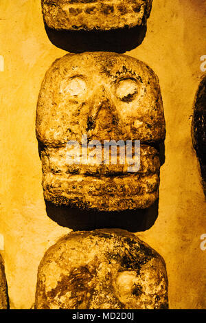 Aztekische Stein Schädel an der Templo Mayor Seite gefunden. Sie repräsentieren die tzompantli oder Schädel Racks, wo die Köpfe der Opfertiere gestellt wurden. Te Stockfoto