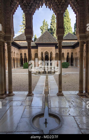 Granada, Andalusien, Spanien - 19. Februar 2006: Gericht der Löwen (Patio de los Leones) im Alhambra Palast- und Festungsanlage. Stockfoto