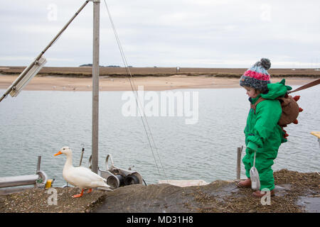 Ein Kleinkind, das in Devon, Großbritannien, an einem Fluss entlang läuft Stockfoto