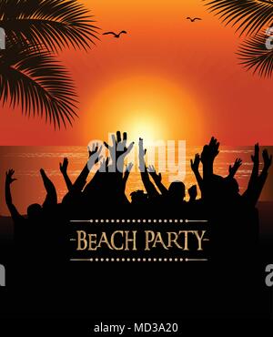 Sommer Beach Party Flyer tropischen Strand bei Sonnenuntergang. Stock Vektor