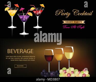 Banner für Restaurant mit Wein Glas, Zweigniederlassung der Traube und Party Cocktails. Konzept für die Weinkarte, Banner, Flyer, Broschüre, Website Design templat Stock Vektor