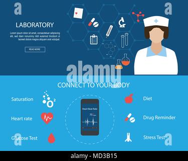 Flache entworfene Fahnen für das Gesundheitswesen und Labor Konzept. Forschung im Labor mit Mikroskop, Molekülstruktur. medizinischen Apps für s Stock Vektor